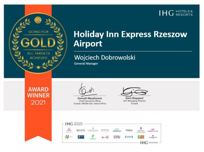 Holiday Inn Express Rzeszów Airport wyróżniony przez IHG za czystość, bezpieczeństwo i zadowolenie gości.